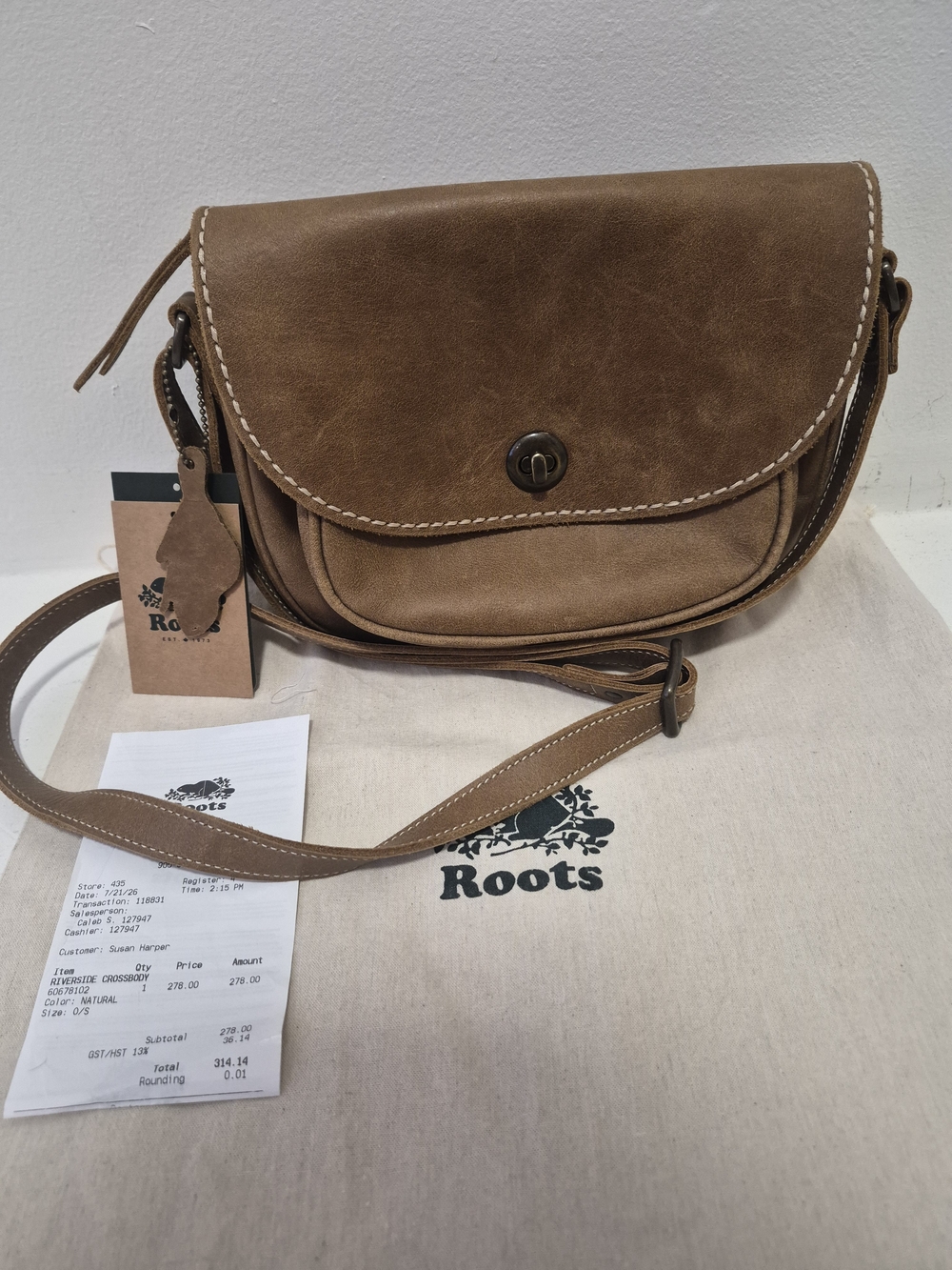 Roots Riverside Brown Leather Crossbody Saddle Bag